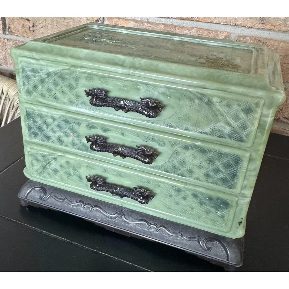 Vintage Faux Jade Chinoiserie Jewelry Box | 3-Drawer‎ Dragon Pulls | Mid Century